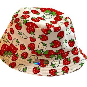 KNDIT Red and White Strawberry Print Bucket Hat Women’s OS Reversible.
